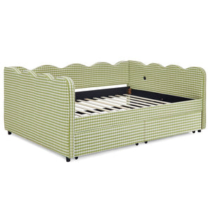 English Elm Full Size Boucle Upholstered Kids Bed with Sculpted Dinosaur Headboard and Padded Guardrails Green With Storage Drawers W1413S00233