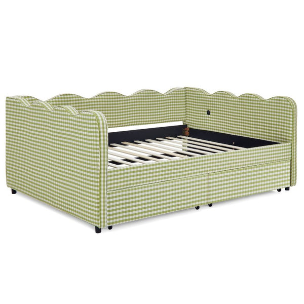English Elm Full Size Boucle Upholstered Kids Bed with Sculpted Dinosaur Headboard and Padded Guardrails Green With Storage Drawers W1413S00233