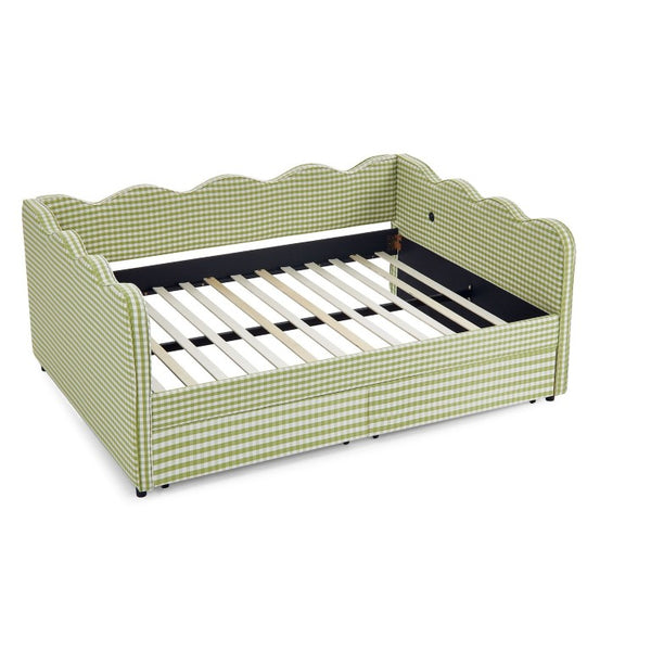 English Elm Full Size Boucle Upholstered Kids Bed with Sculpted Dinosaur Headboard and Padded Guardrails Green With Storage Drawers W1413S00233