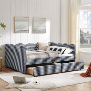 English Elm Full Size Boucle Upholstered Kids Bed with Sculpted Dinosaur Headboard and Padded Guardrails Navy Blue With Storage Drawers W1413S00234