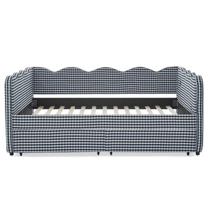 English Elm Full Size Boucle Upholstered Kids Bed with Sculpted Dinosaur Headboard and Padded Guardrails Navy Blue With Storage Drawers W1413S00234