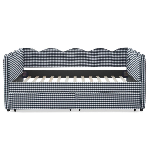 English Elm Full Size Boucle Upholstered Kids Bed with Sculpted Dinosaur Headboard and Padded Guardrails Navy Blue With Storage Drawers W1413S00234