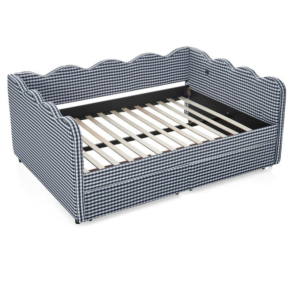 English Elm Full Size Boucle Upholstered Kids Bed with Sculpted Dinosaur Headboard and Padded Guardrails Navy Blue With Storage Drawers W1413S00234