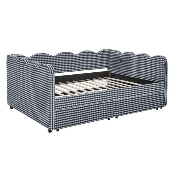 English Elm Full Size Boucle Upholstered Kids Bed with Sculpted Dinosaur Headboard and Padded Guardrails Navy Blue With Storage Drawers W1413S00234