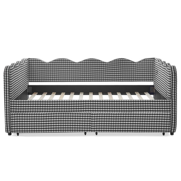 English Elm Full Gingham Linen Daybed with Scalloped Headboard Storage Drawers and USB Port Full Black W1413S00235