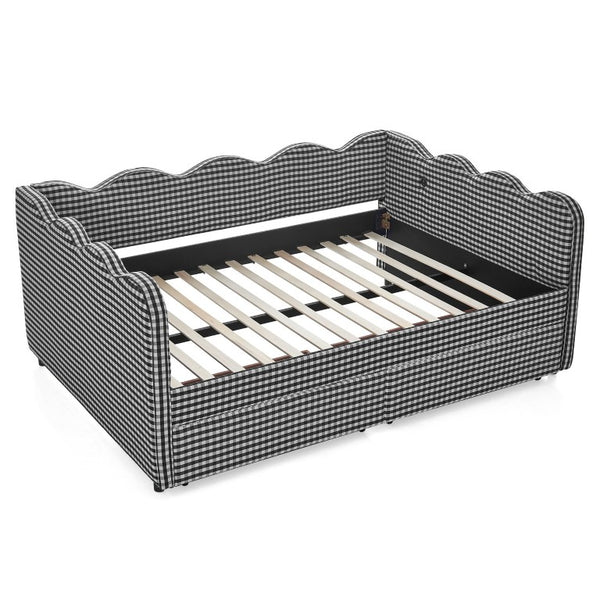 English Elm Full Gingham Linen Daybed with Scalloped Headboard Storage Drawers and USB Port Full Black W1413S00235