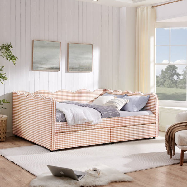 English Elm Full Gingham Linen Daybed with Scalloped Headboard Storage Drawers and USB Port Queen Pink W1413S00237