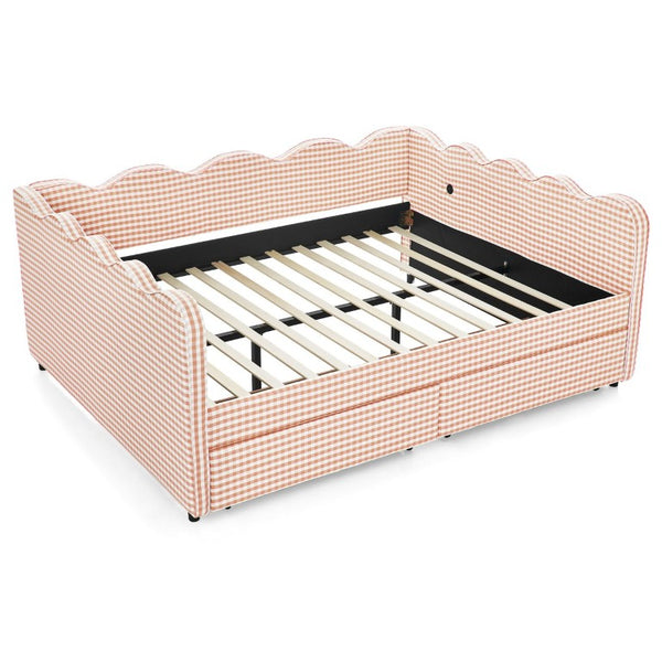 English Elm Full Gingham Linen Daybed with Scalloped Headboard Storage Drawers and USB Port Queen Pink W1413S00237