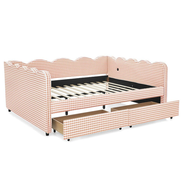 English Elm Full Gingham Linen Daybed with Scalloped Headboard Storage Drawers and USB Port Queen Pink W1413S00237