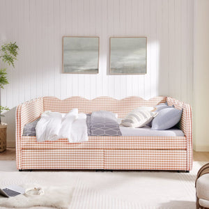 English Elm Full Gingham Linen Daybed with Scalloped Headboard Storage Drawers and USB Port Queen Pink W1413S00237