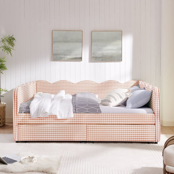 English Elm Full Gingham Linen Daybed with Scalloped Headboard Storage Drawers and USB Port Queen Pink W1413S00237