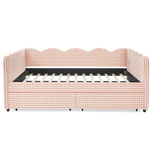 English Elm Full Gingham Linen Daybed with Scalloped Headboard Storage Drawers and USB Port Queen Pink W1413S00237