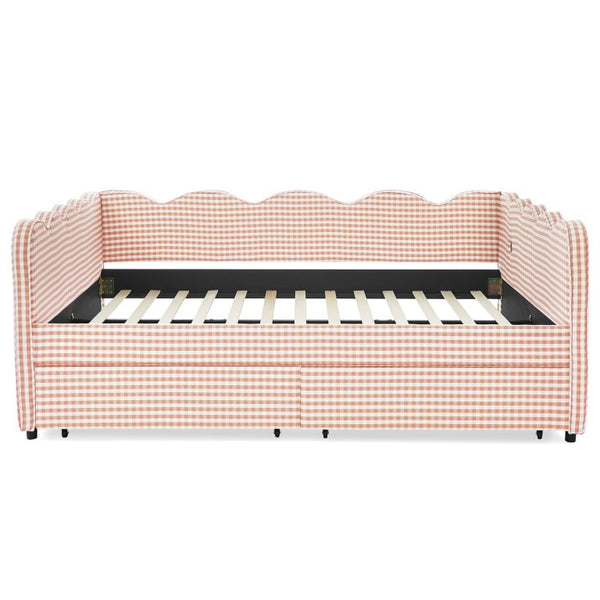 English Elm Full Gingham Linen Daybed with Scalloped Headboard Storage Drawers and USB Port Queen Pink W1413S00237