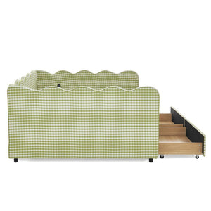 English Elm Full Gingham Linen Daybed with Scalloped Headboard Storage Drawers and USB Port Queen Green W1413S00238