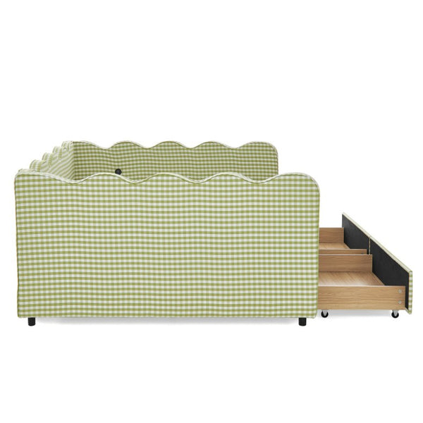 English Elm Full Gingham Linen Daybed with Scalloped Headboard Storage Drawers and USB Port Queen Green W1413S00238