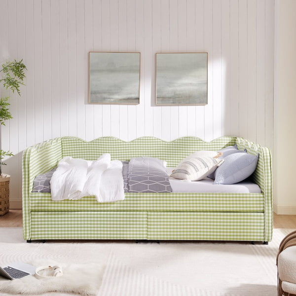 English Elm Full Gingham Linen Daybed with Scalloped Headboard Storage Drawers and USB Port Queen Green W1413S00238