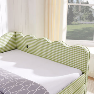 English Elm Full Gingham Linen Daybed with Scalloped Headboard Storage Drawers and USB Port Queen Green W1413S00238