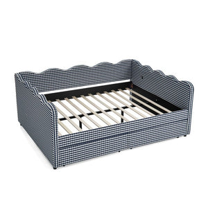 English Elm Full Gingham Linen Daybed with Scalloped Headboard Storage Drawers and USB Port Queen Navy Blue W1413S00239