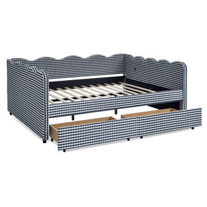 English Elm Full Gingham Linen Daybed with Scalloped Headboard Storage Drawers and USB Port Queen Navy Blue W1413S00239