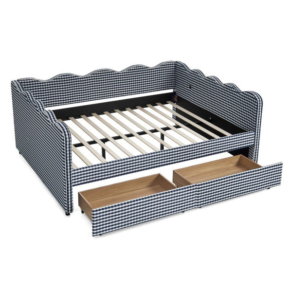 English Elm Full Gingham Linen Daybed with Scalloped Headboard Storage Drawers and USB Port Queen Navy Blue W1413S00239
