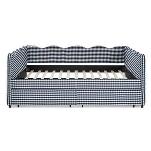 English Elm Full Gingham Linen Daybed with Scalloped Headboard Storage Drawers and USB Port Queen Navy Blue W1413S00239