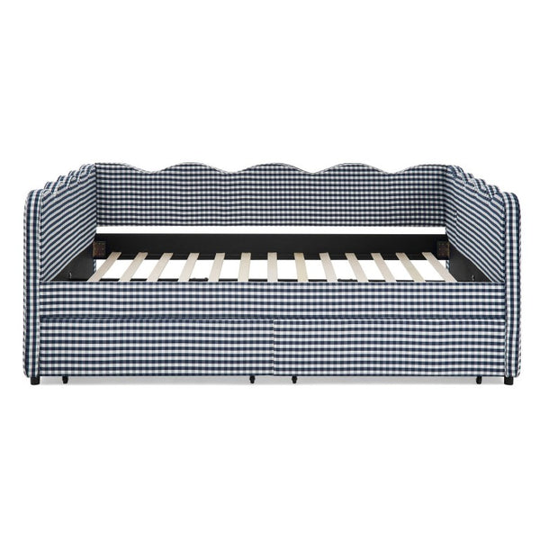 English Elm Full Gingham Linen Daybed with Scalloped Headboard Storage Drawers and USB Port Queen Navy Blue W1413S00239