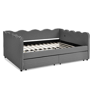 English Elm Queen Gingham Linen Daybed with Wave Silhouette Storage Drawers and USB Charging W1413S00240