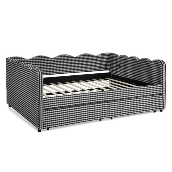 English Elm Queen Gingham Linen Daybed with Wave Silhouette Storage Drawers and USB Charging W1413S00240