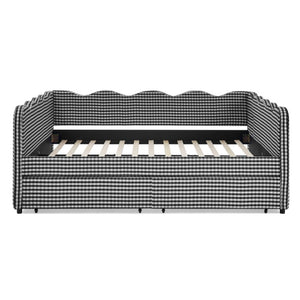 English Elm Queen Gingham Linen Daybed with Wave Silhouette Storage Drawers and USB Charging W1413S00240