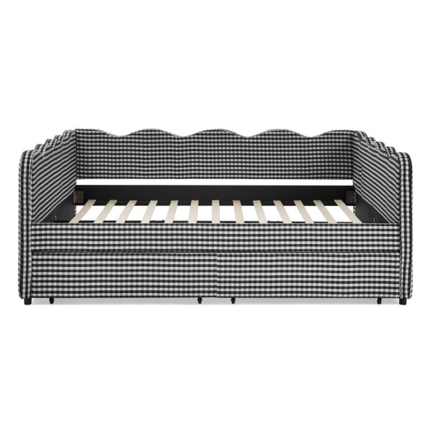 English Elm Queen Gingham Linen Daybed with Wave Silhouette Storage Drawers and USB Charging W1413S00240