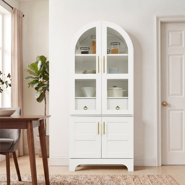 English Elm 77 Inch Arched Pantry Cabinet Glass Doors Gold Hardware Spice Rack Shelved Storage White W1413S00248