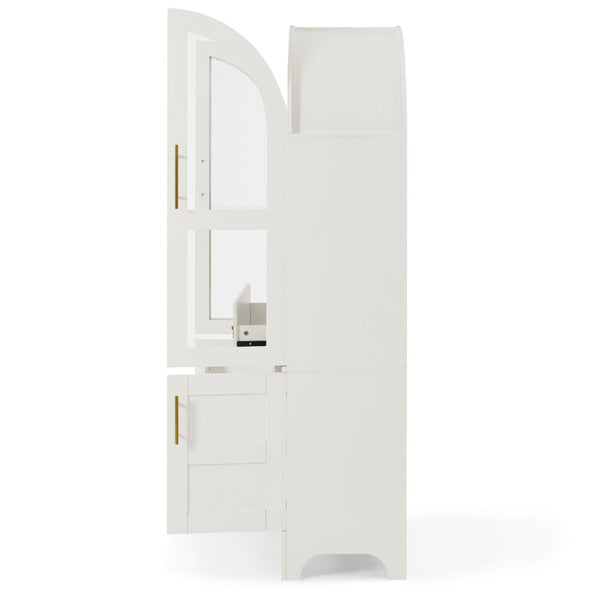 English Elm 77 Inch Arched Pantry Cabinet Glass Doors Gold Hardware Spice Rack Shelved Storage White W1413S00248