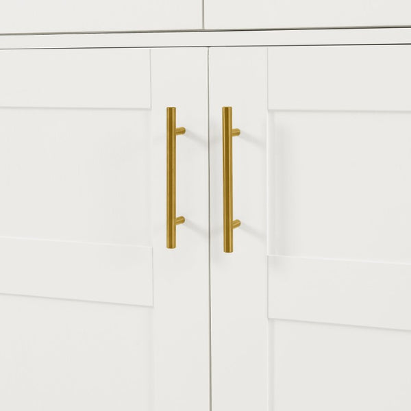 English Elm 77 Inch Arched Pantry Cabinet Glass Doors Gold Hardware Spice Rack Shelved Storage White W1413S00248