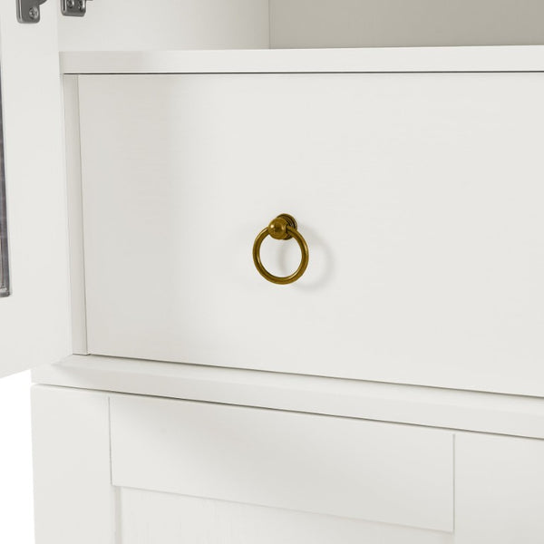 English Elm 77 Inch Arched Pantry Cabinet Glass Doors Gold Hardware Spice Rack Shelved Storage White W1413S00248