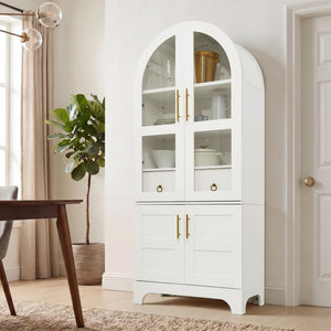 English Elm 77 Inch Arched Pantry Cabinet Glass Doors Gold Hardware Spice Rack Shelved Storage White W1413S00248