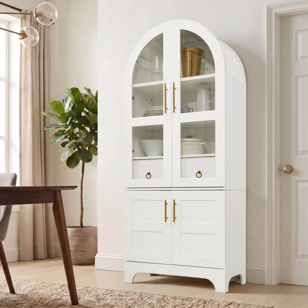 English Elm 77 Inch Arched Pantry Cabinet Glass Doors Gold Hardware Spice Rack Shelved Storage White W1413S00248