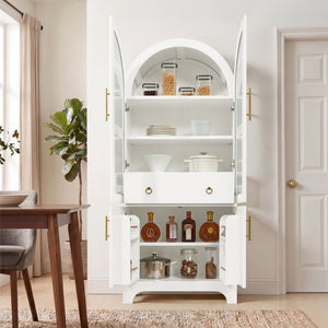 English Elm 77 Inch Arched Pantry Cabinet Glass Doors Gold Hardware Spice Rack Shelved Storage White W1413S00248