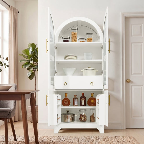 English Elm 77 Inch Arched Pantry Cabinet Glass Doors Gold Hardware Spice Rack Shelved Storage White W1413S00248
