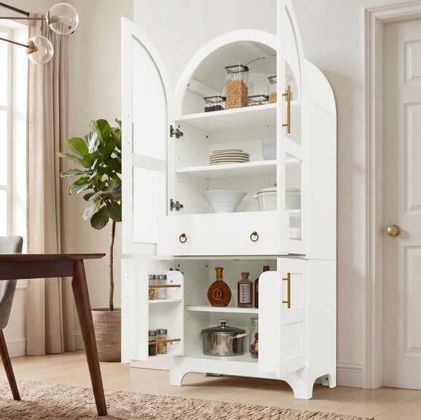 English Elm 77 Inch Arched Pantry Cabinet Glass Doors Gold Hardware Spice Rack Shelved Storage White W1413S00248