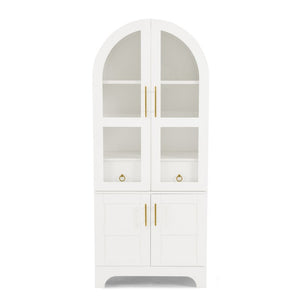 English Elm 77 Inch Arched Pantry Cabinet Glass Doors Gold Hardware Spice Rack Shelved Storage White W1413S00248