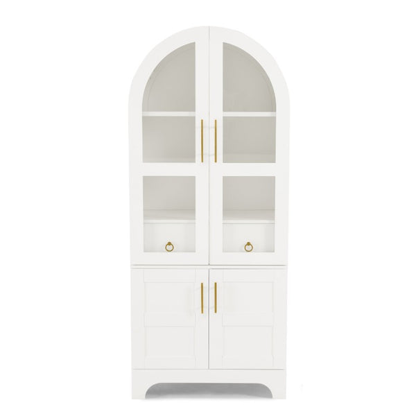 English Elm 77 Inch Arched Pantry Cabinet Glass Doors Gold Hardware Spice Rack Shelved Storage White W1413S00248