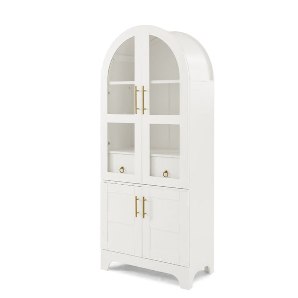 English Elm 77 Inch Arched Pantry Cabinet Glass Doors Gold Hardware Spice Rack Shelved Storage White W1413S00248