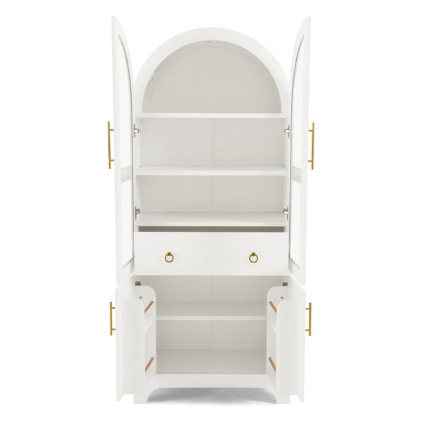 English Elm 77 Inch Arched Pantry Cabinet Glass Doors Gold Hardware Spice Rack Shelved Storage White W1413S00248