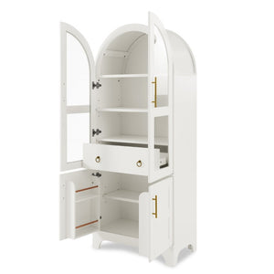 English Elm 77 Inch Arched Pantry Cabinet Glass Doors Gold Hardware Spice Rack Shelved Storage White W1413S00248