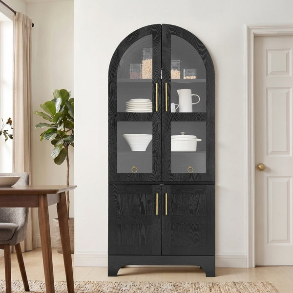English Elm 77 Inch Arched Pantry Cabinet Glass Doors Gold Hardware Spice Rack Shelved Storage Black W1413S00249