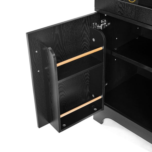 English Elm 77 Inch Arched Pantry Cabinet Glass Doors Gold Hardware Spice Rack Shelved Storage Black W1413S00249
