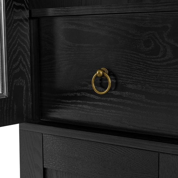 English Elm 77 Inch Arched Pantry Cabinet Glass Doors Gold Hardware Spice Rack Shelved Storage Black W1413S00249