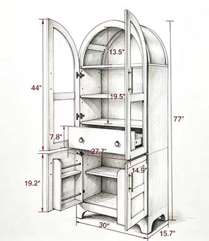 English Elm 77 Inch Arched Pantry Cabinet Glass Doors Gold Hardware Spice Rack Shelved Storage Black W1413S00249