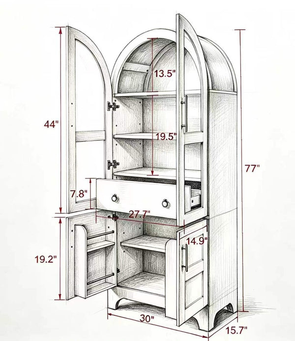 English Elm 77 Inch Arched Pantry Cabinet Glass Doors Gold Hardware Spice Rack Shelved Storage Black W1413S00249
