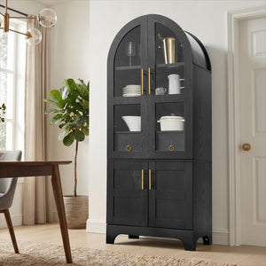 English Elm 77 Inch Arched Pantry Cabinet Glass Doors Gold Hardware Spice Rack Shelved Storage Black W1413S00249
